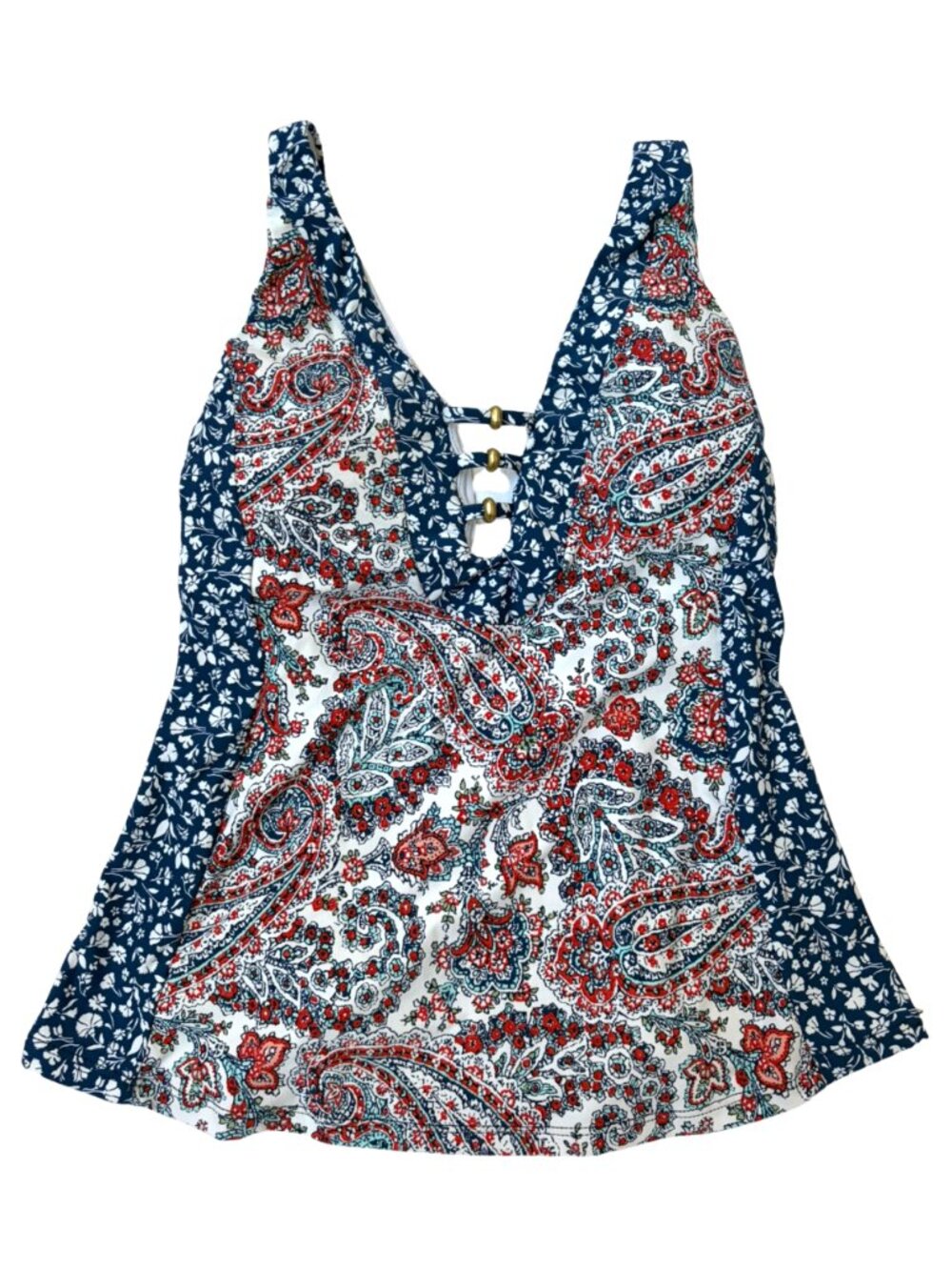 Lucky Brand Red White Blue Paisley Floral Swim Top S Adjustable Tie Back